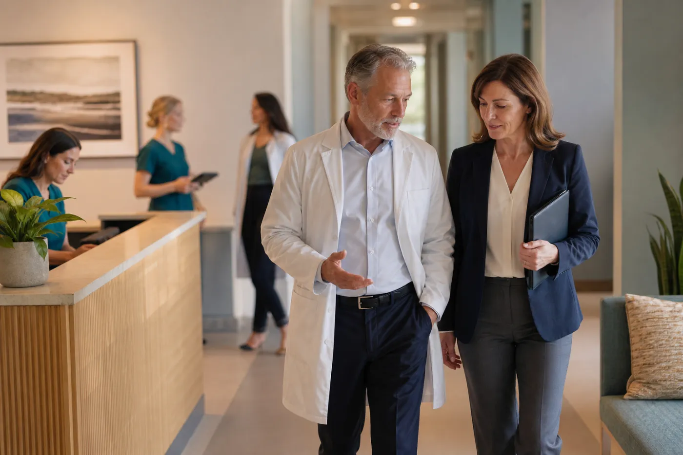 A physician and practice manager walking through an outpatient clinic